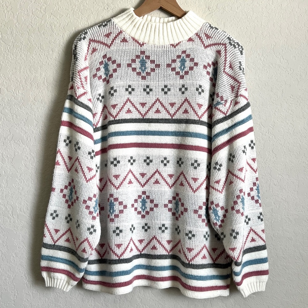 Vintage In Source by Doris Skis Pullover Sweater Off-White Pattern Design L